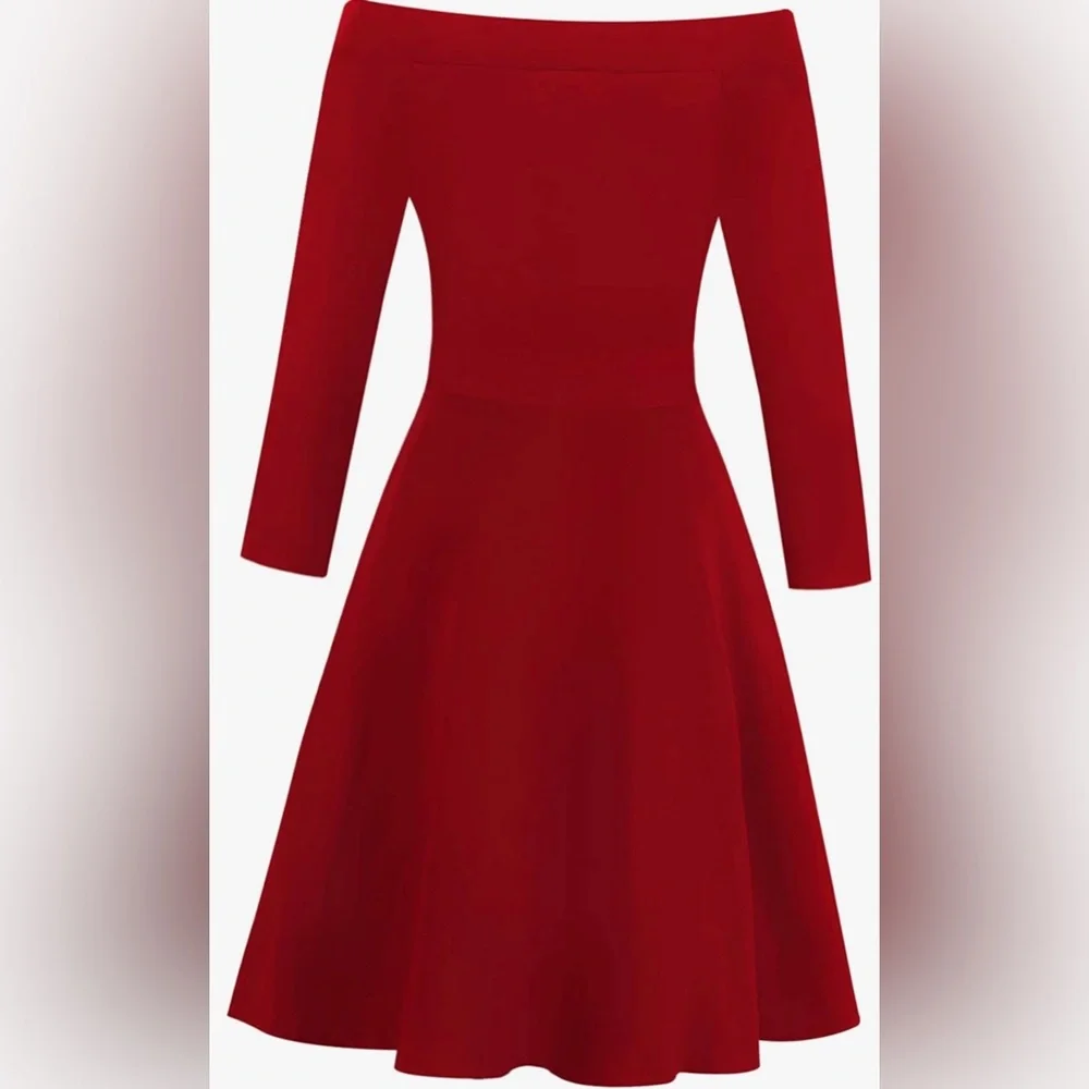 SOLD SOLD Vintage Off Shoulder Pockets Red A-Line Party Cocktail Swing Dress X - Picture 3 of 4